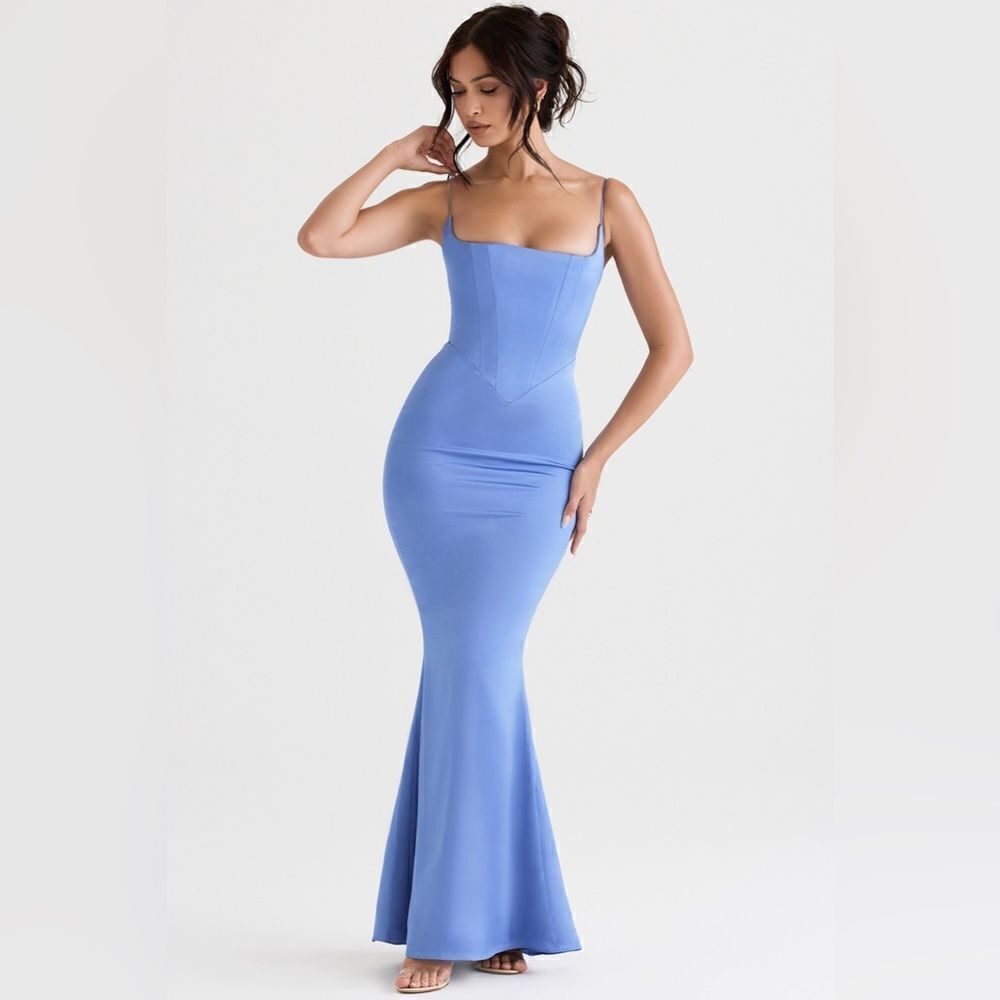 NWT House Of Cb Olivette Periwinkle Satin Maxi Blue Dress Corset Size XS - Picture 4 of 16